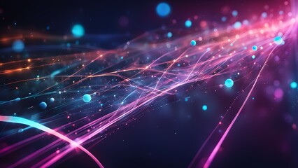 Obraz premium Abstract digital design with vibrant light trails and particles in a dark background.