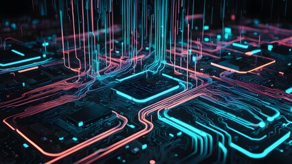 A futuristic circuit board with glowing lines representing data flow and technology.
