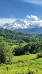 Obraz premium Stunning summer view of snow capped mountains and lush green forests in dordogne, france