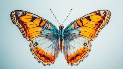 Fototapeta premium A vibrant, colorful butterfly with delicate wings isolated on a clean white background, showcasing intricate patterns and textures.
