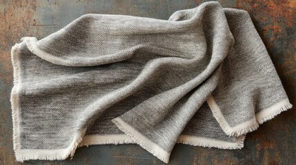 Fototapeta premium Soft and Cozy Gray Blanket with White Fringe on Rustic Background for Warm and Inviting Home Decor and Styling Ideas in Photography