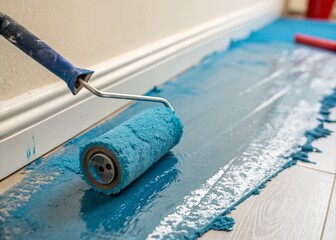 Obraz premium Candid Shot of a Paint Roller Brush Leaving a Bright Blue Track on a Freshly Painted Surface in a Home Renovation Project, Capturing the Artistic Process in Action