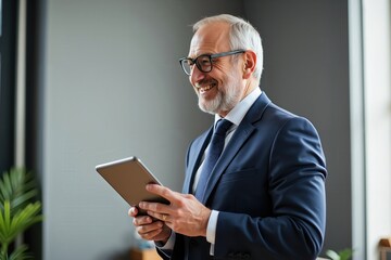 Confident senior executive in suit holding tablet in modern office setting, smiling and engaged in business activity