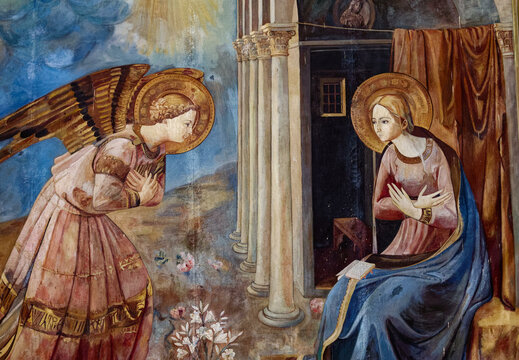 Painting (19th century) of Annunciation to the Blessed Virgin Mary by the Archangel Gabriel. ..