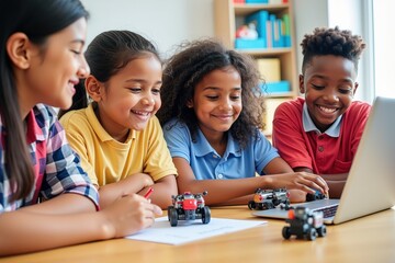 Diverse children engaged in stem activities with laptops and robotics kits in classroom setting