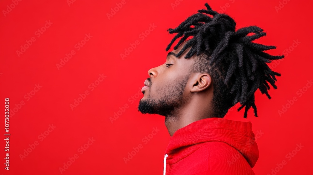Poster man with dreadlocks and a beard is wearing a red hoodie and looking at the camera