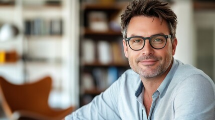 Fototapeta premium Confident Middle-Aged Man in Glasses Smiling in Modern Office Setting