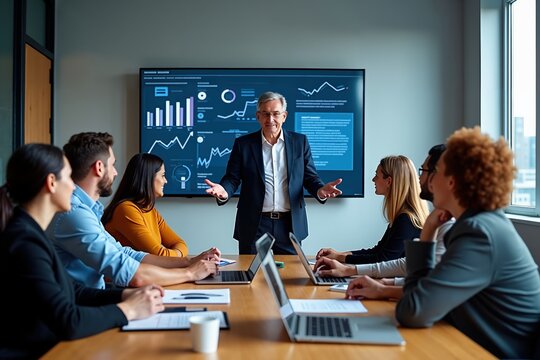 Business presentation in modern office with diverse team analyzing data on digital screen