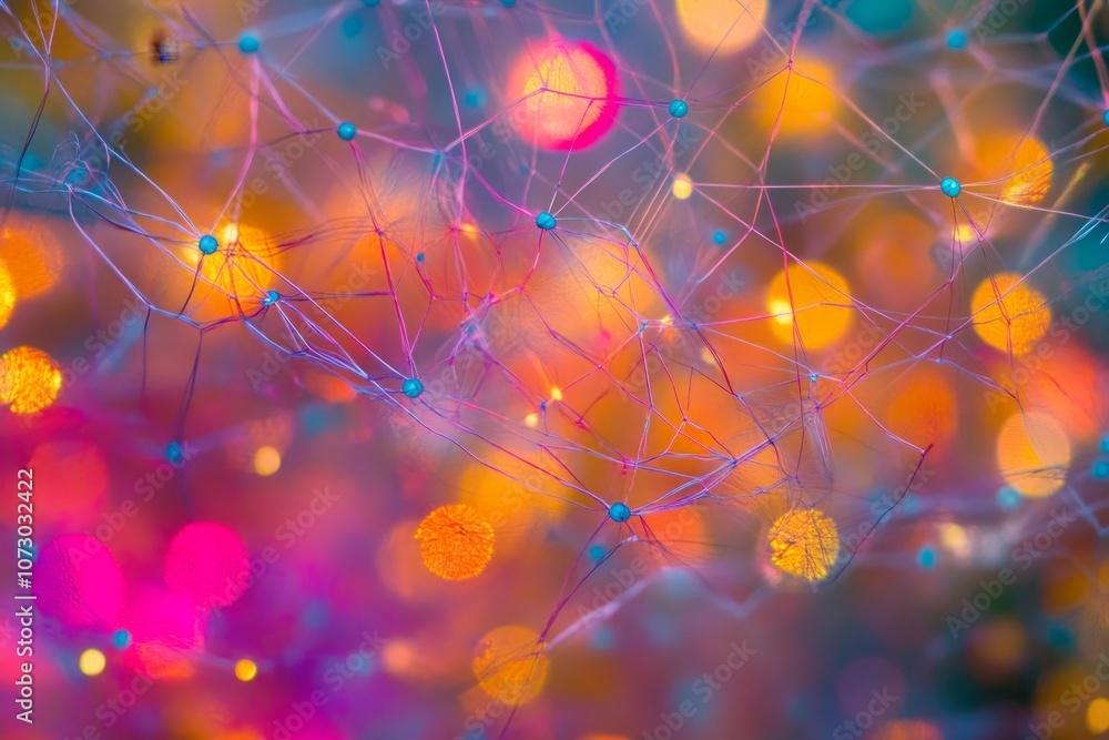 Poster vibrant abstract composition featuring a network of interconnected lines and dots