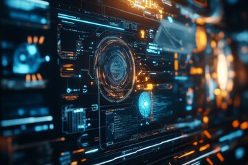 Fototapeta premium Futuristic digital interface featuring glowing blue lights against an abstract technology background