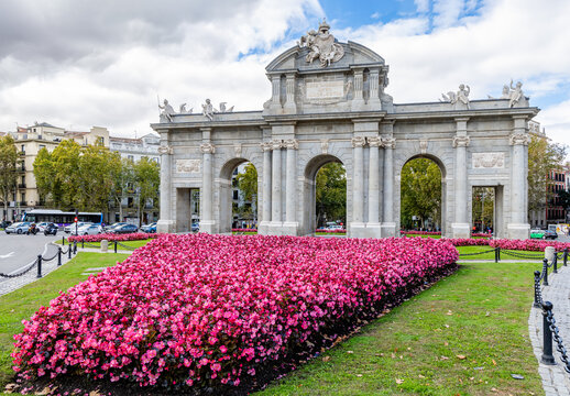 Puerta de Alcala monument in Madrid once restored from the inclement weather in Madrid, Spain