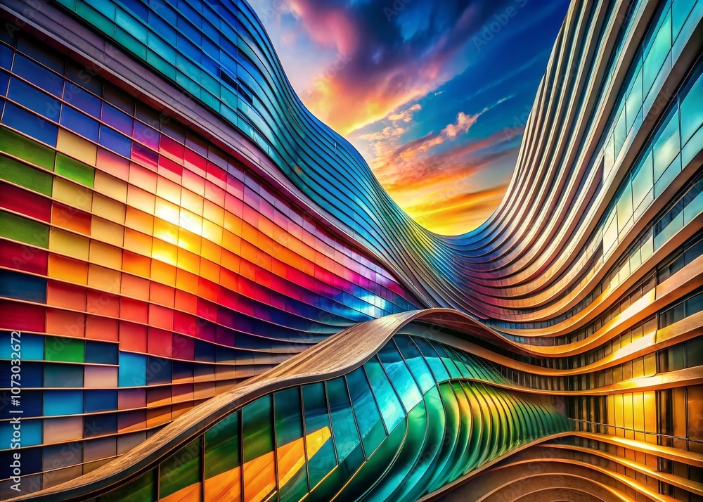 Poster captivating architectural photography of colorful bright abstract waves with intense gradients in a 