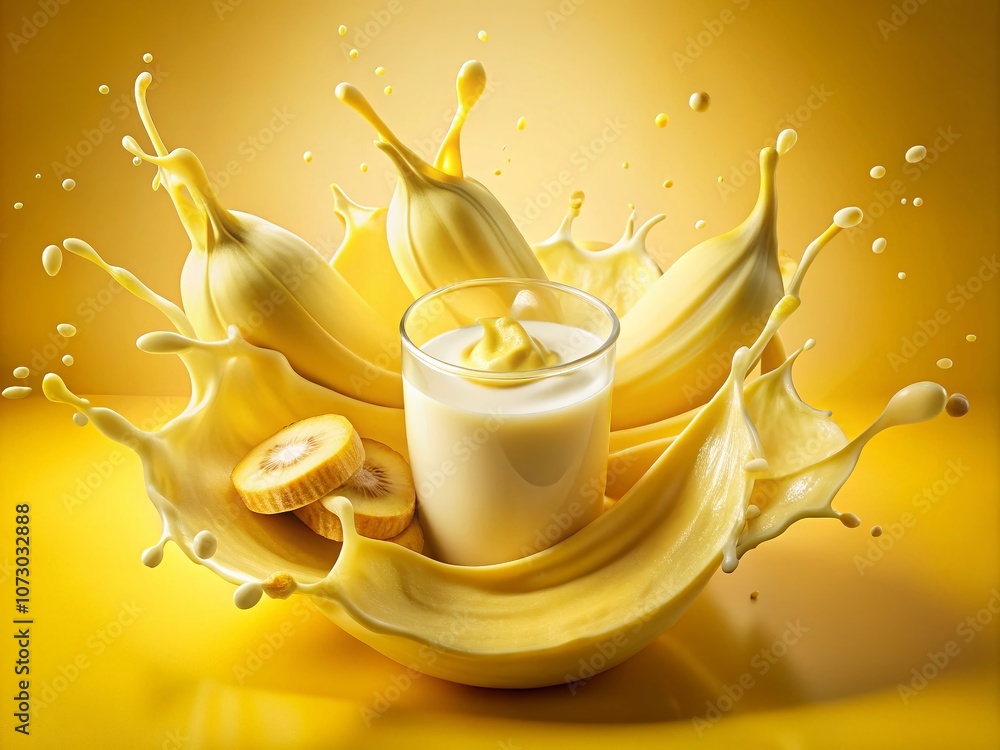 Poster captivating banana milk splash captured in dynamic motion with fresh fruits and creamy texture for a
