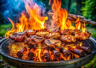 Captivating Barbecue Meat Preparation: Roasting Juicy Cuts Over a Fiery Brazier Grill for the Ultimate Outdoor Cooking Experience