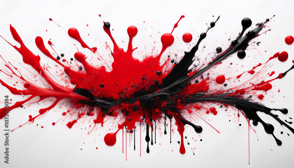 Poster an abstract splatter pattern in bold red and black on a clean white background, creating a high-cont