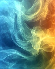 An abstract swirl of colorful smoke, blending vibrant shades of blue, orange, and yellow. The ethereal movement creates a sense of fluidity and dynamic beauty.