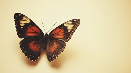 Obraz premium Butterfly with beautiful red and brown markings, isolated on a light cream background for a warm feel.