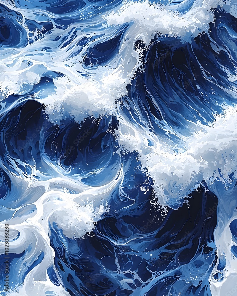 Poster a dynamic abstract representation of ocean waves, featuring deep blues and bright white foam. the sw