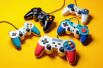 Colorful retro game controllers on vibrant yellow background highlighting vintage gaming nostalgia