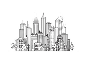 Eco line drawing of Modern cityscape. buildings isolated minimalistic illustration.