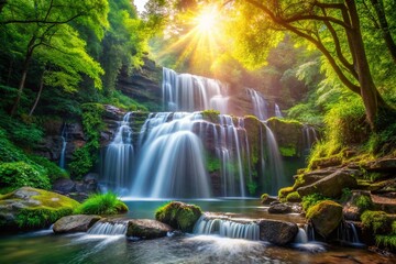 Fototapeta premium Captivating Candid Photography of a Serene Cascade Waterfall Surrounded by Lush Greenery and Sunlit Forest, Evoking Tranquility and Natural Beauty for Your Creative Projects