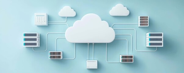 Cloud migration visualization, servers connecting to cloud icon, streamlined digital pathways