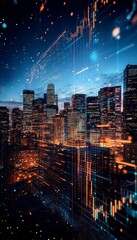 Obraz premium Vibrant cityscape at dusk featuring forex chart reflections and stars for financial themes