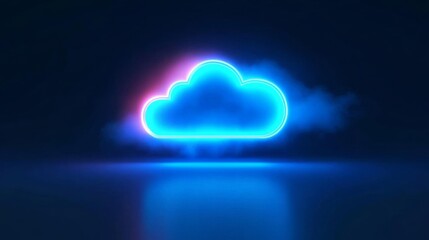 Digital cloud icon connecting secure nodes, CRM data network visualization, neon blue tones