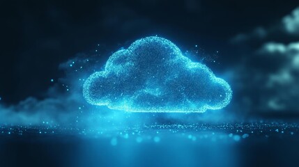 Digital cloud icon connecting secure nodes, CRM data network visualization, neon blue tones