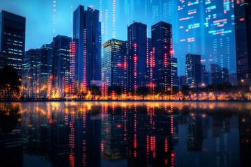 Fototapeta premium Vibrant forex chart cityscape at dusk with reflective skyline and stars for finance themes