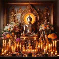 Fototapeta premium A Buddhist altar with a Buddha statue at the center, surrounded by candles, flowers, and offerings.