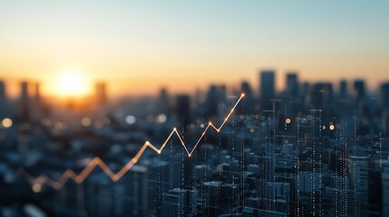 Financial graph rising over a cityscape at dawn, symbolizing property investment growth, modern city