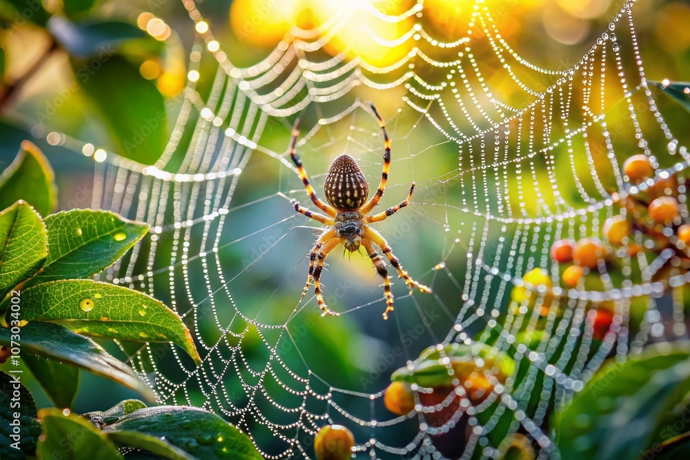 Poster captivating close-up of a spider resting on its intricate web with high depth of field, showcasing t
