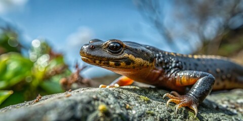 Naklejka premium Captivating Close-up of Desmognathus Fuscus in Its Natural Habitat with Lush Green Background and Ample Copy Space for Text Overlay