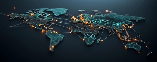 High-tech world map with glowing data connections, showcasing the global financial network