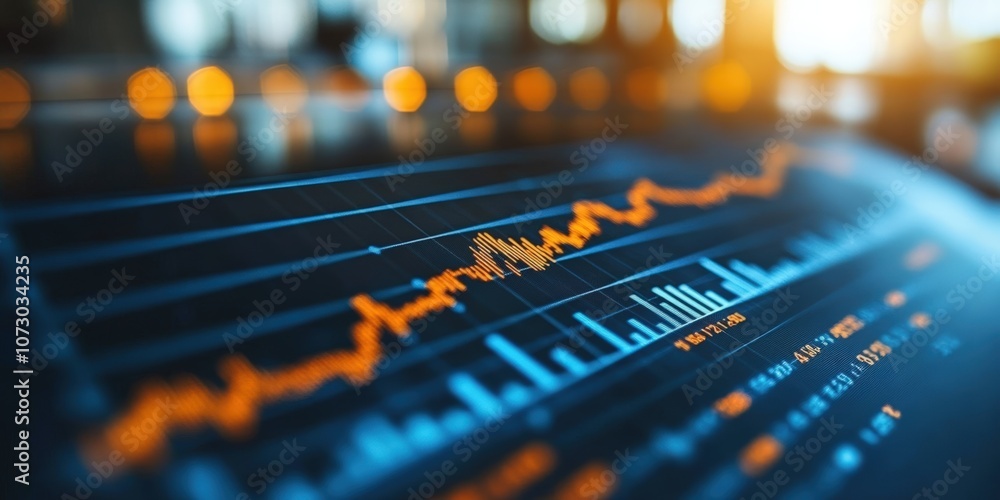 Poster detailed view of financial data visualization on a computer screen with dynamic charts and lines sho