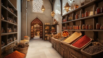 Naklejka premium Vibrant Spice Market Interior with Rich Textures