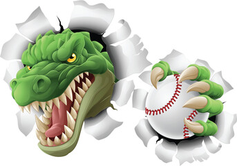 A crocodile, dinosaur or alligator lizard sports mascot holding a baseball ball © Christos Georghiou