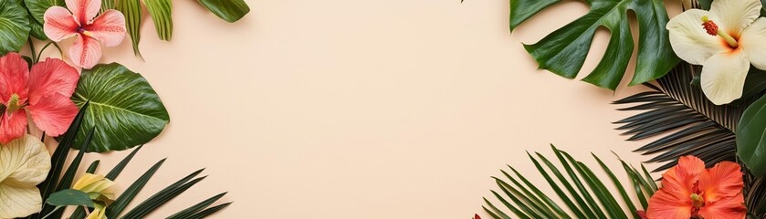 Fototapeta premium Lush tropical plants and flowers on warm gradient, glowing summer background, exotic foliage frame