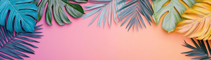 Obraz premium Tropical leaves in bold colors, gradient sunset background, summer botanical border, vivid tones