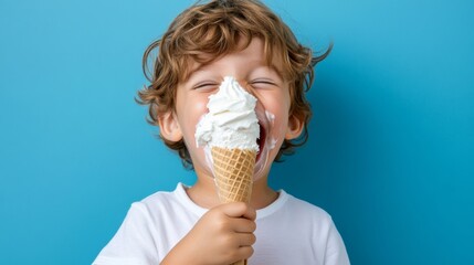Young boy is holding an ice cream cone and smiling. Concept of happiness and enjoyment, as the child is indulging in a sweet treat