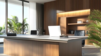Modern office interior design featuring a sleek wooden desk, stylish chairs, and large windows showcasing a beautiful urban landscape with greenery.