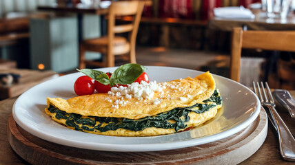 Delicious breakfast omelet with spinach served in a cozy restaurant setting, perfect for brunch, healthy eating, or morning inspiration in warm, inviting ambiance. 