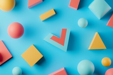 Vibrant 3d abstract geometric forms on soft blue background, surreal artistic design elements