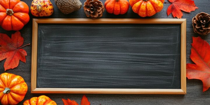 Empty Chalkboard with Pumpkins and Pinecones - Thanksgiving Decor, Autumn Design - Powered by Adobe