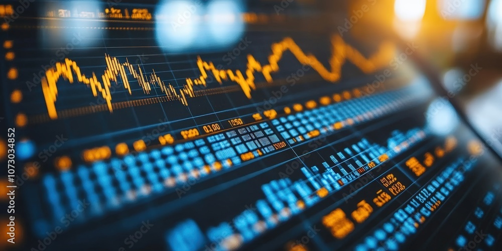 Poster data visualization with colorful graphs and charts representing financial trends, stock market analy