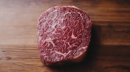 Obraz premium Fresh and High-Quality Beef Steak on Wooden Surface, Showcasing Rich Marbling and Texture for Culinary Inspiration and Delicious Cooking Ideas