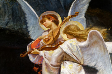 Painting of two musician angels in the sky playing music. ...