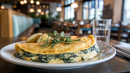 Delicious breakfast omelet with spinach served in a cozy restaurant setting, perfect for brunch, healthy eating, or morning inspiration in warm, inviting ambiance. 