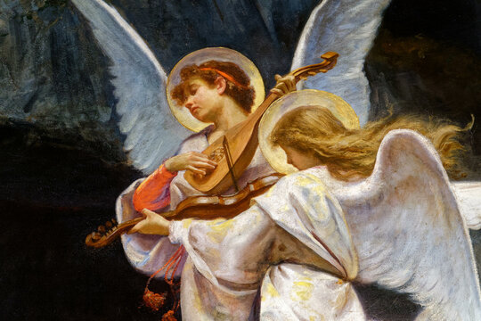 Painting of two musician angels in the sky playing music. ...